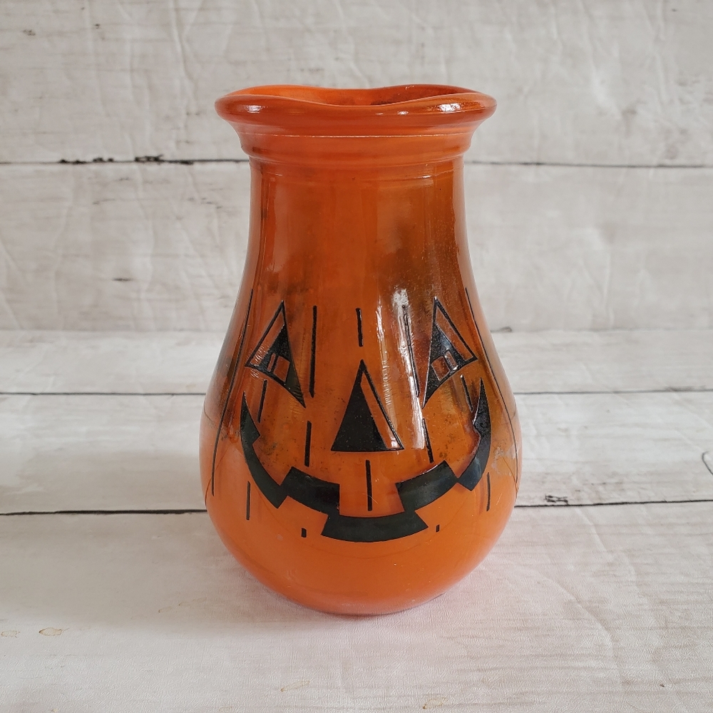 Vintage halloween pumpkin JOL candle holder 5" tall glass gemco orange black